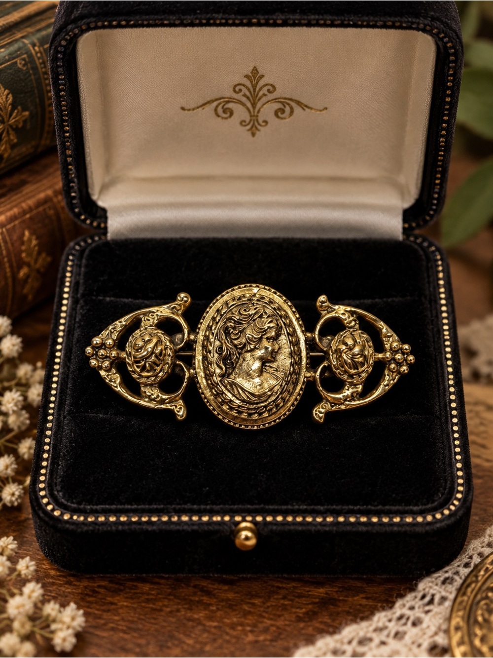 Victorian Gold Tone Cameo Brooch Ornate Floral Filigree Statement Pin Vintage